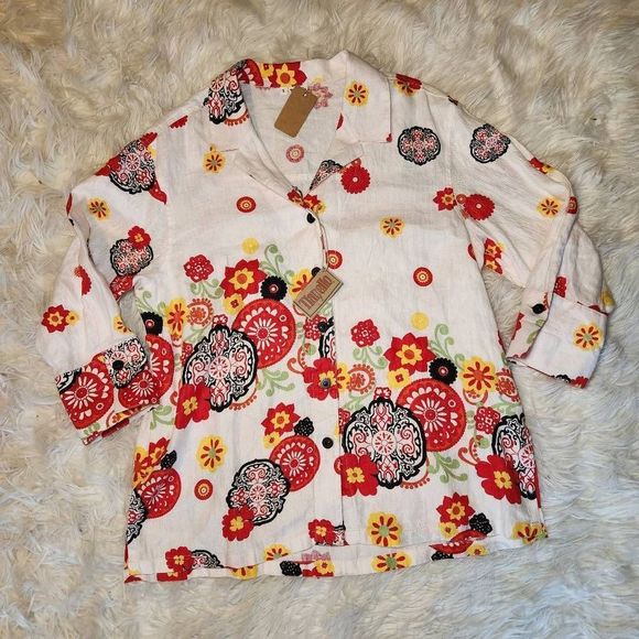 New Tianello Linen Floral Button Up Blouse Top - Picture 3 of 9